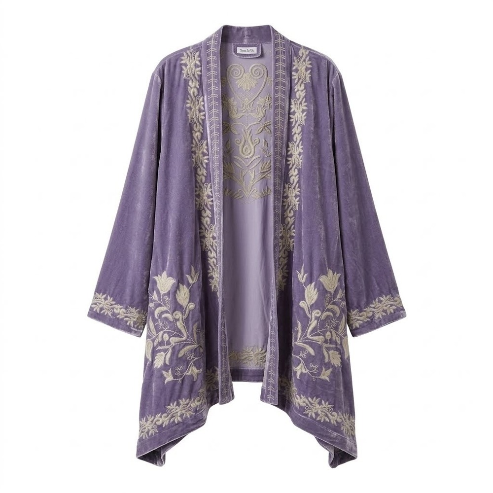 New Time for Me Velvet Embroidered Kimono Cardigan Women 2X Light Purple